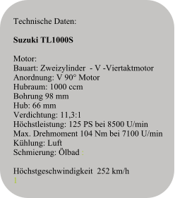 Technische Daten:   Suzuki TL1000S   Motor:Bauart: Zweizylinder  - V -ViertaktmotorAnordnung: V 90° MotorHubraum: 1000 ccmBohrung 98 mmHub: 66 mmVerdichtung: 11,3:1Höchstleistung: 125 PS bei 8500 U/minMax. Drehmoment 104 Nm bei 7100 U/minKühlung: LuftSchmierung: Ölbad :  Höchstgeschwindigkeit  252 km/h 1